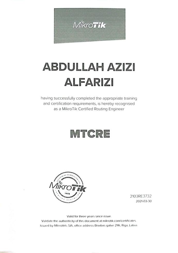 Sertifikat MTCNA - Abdullah Azizi Alfarizi