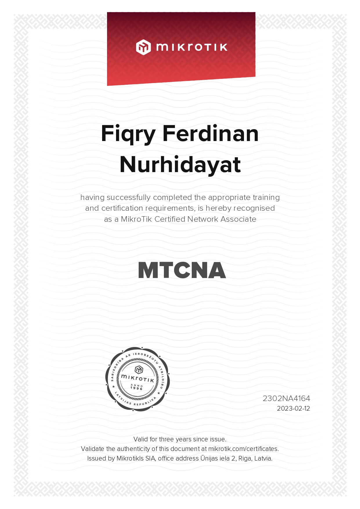 Sertifikat MTCNA - Fiqri Ferdinan Nurhidayat