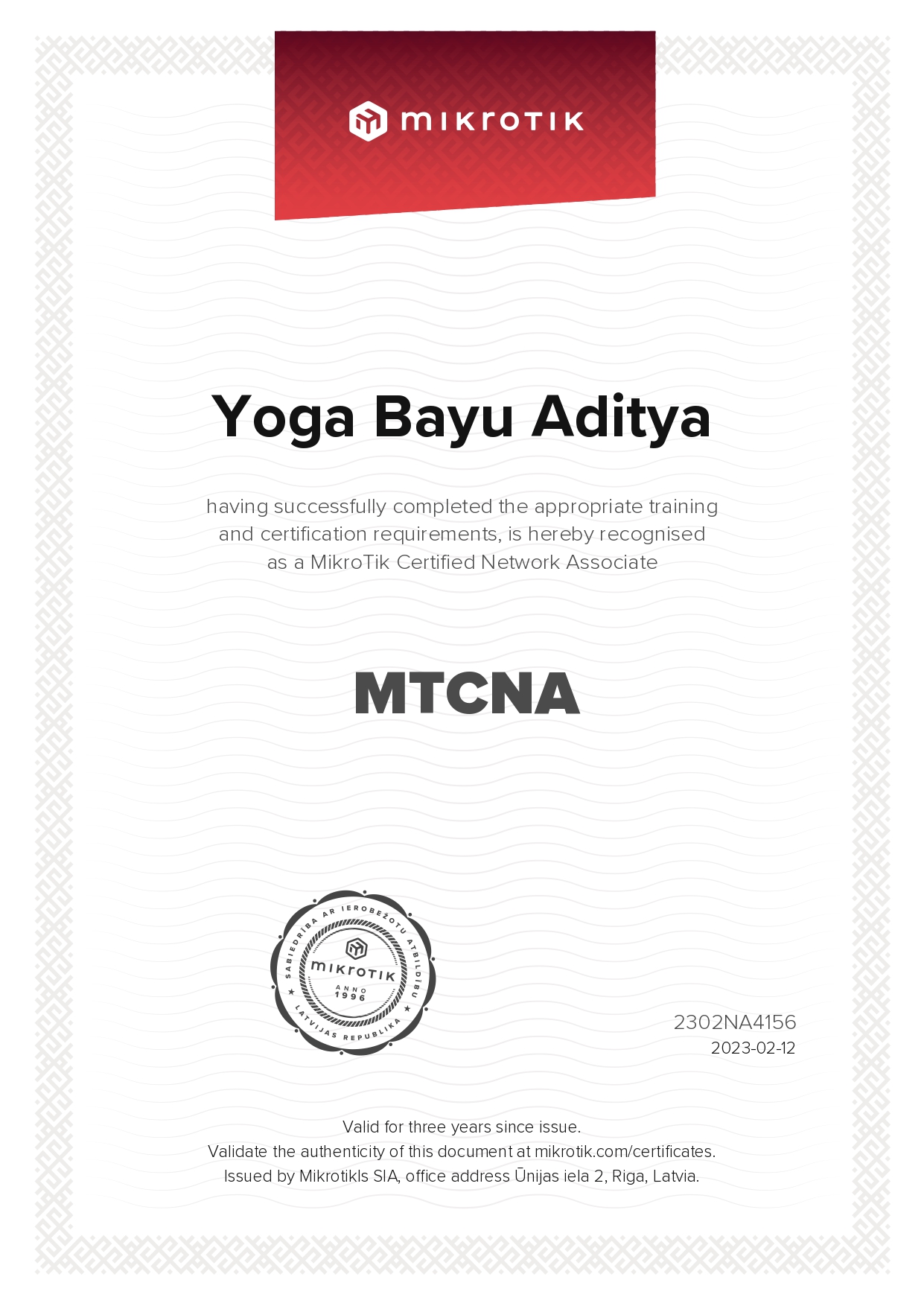 Sertifikat MTCNA - Yoga Bayu Aditya